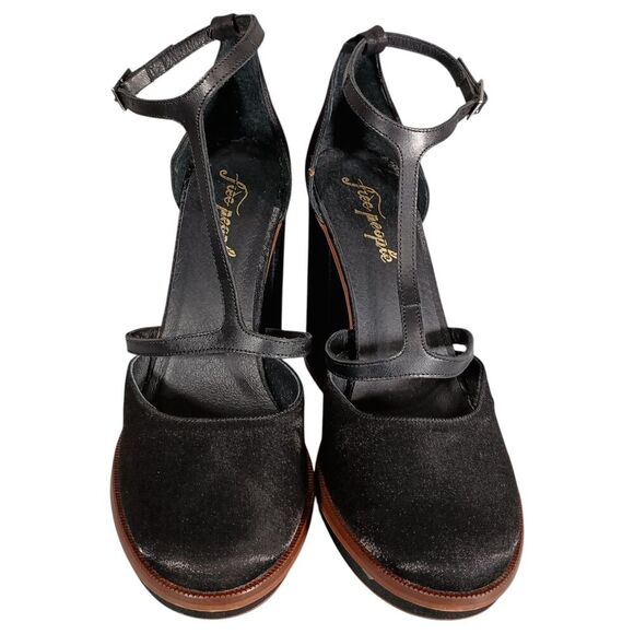 Free People Sandals 9.5 Womens Black Textile Platform Block Ultra High Buckle - Picture 3 of 10